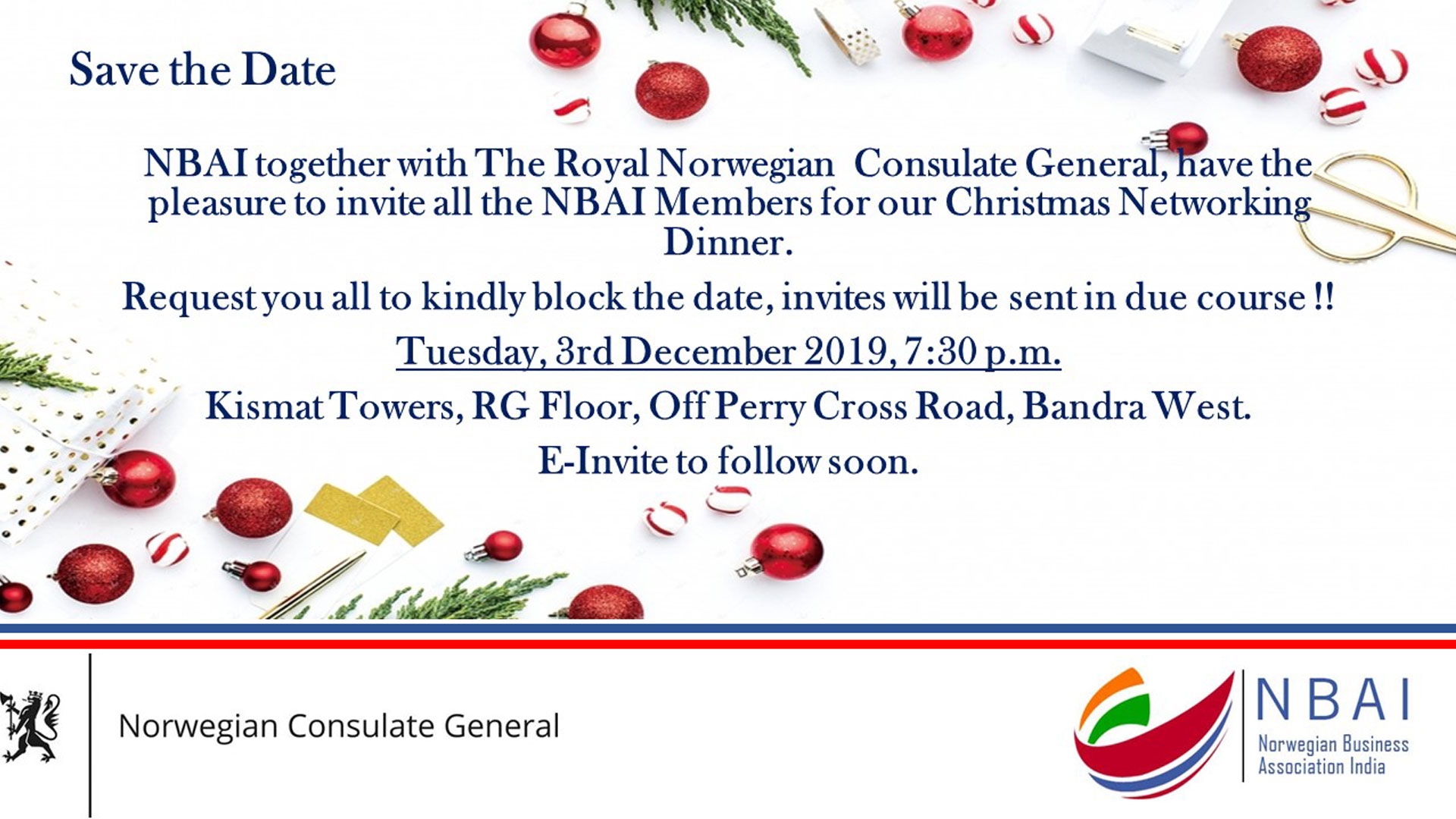 NBAI MEMBERS CHRISTMAS NETWORKING DINNER SAVE THE DATE