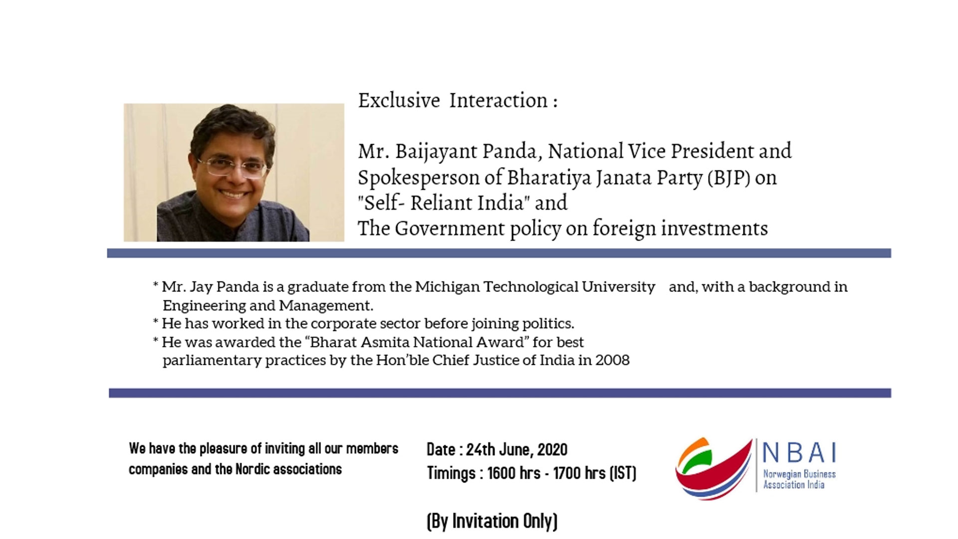EXCLUSIVE INTERACTION WITH MR. BAIJAYANT PANDA, NATIONAL VICE PRESIDENT AND  SPOKESPERSON OF BHARATIYA JANATA PARTY – Norwegian Business Association Of  India